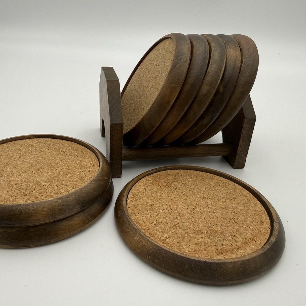 Vtg MCM Gail Craft Quality Woodenware Drink Coasters Compete Set Cork Coaster